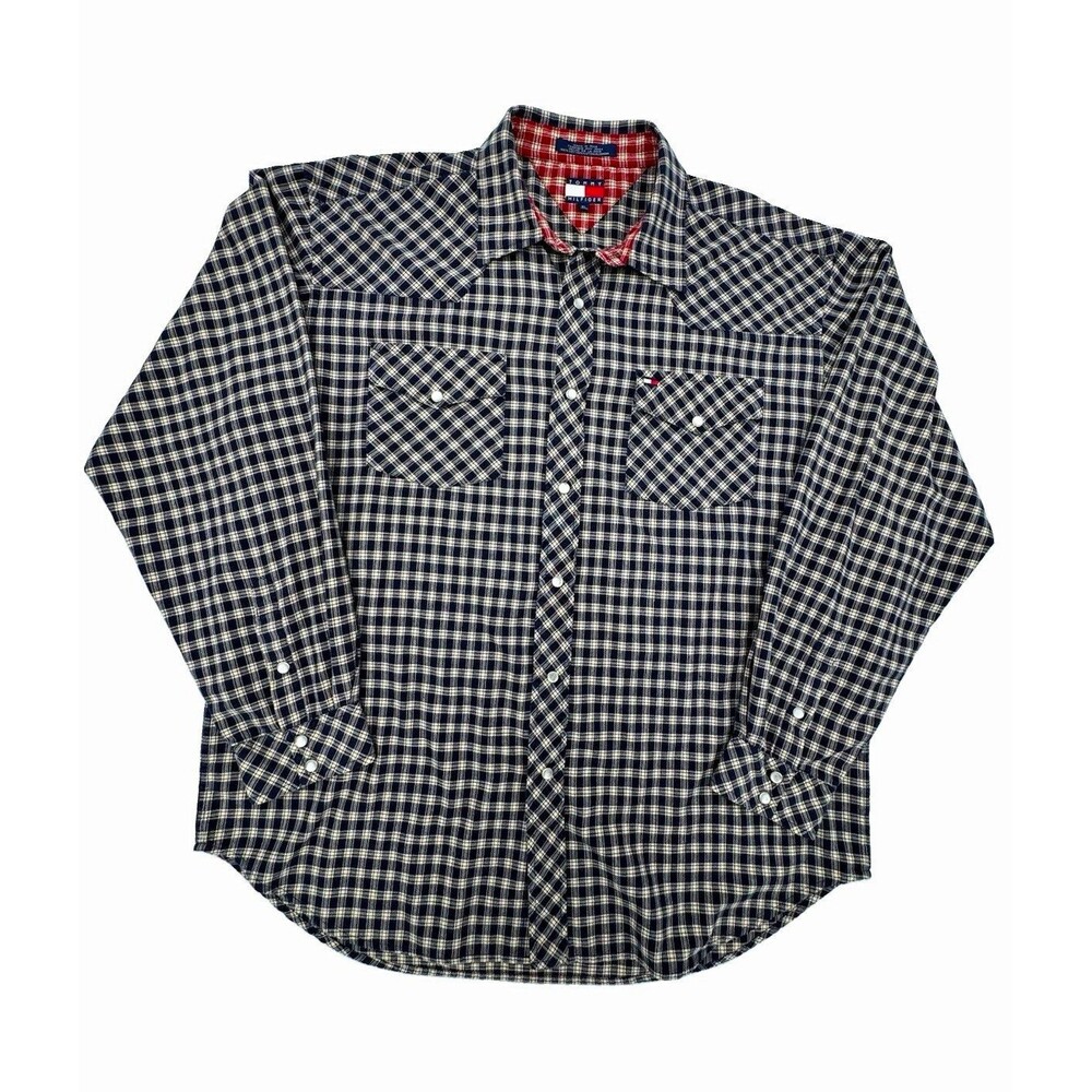 VTG Tommy Hilfiger Men's XL Navy White Plaid Long Sleeve Woven Cotton Button-Up